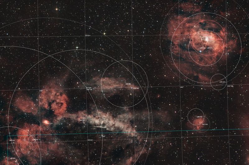Annotated image of the NGC 7635 and SH2-157 region