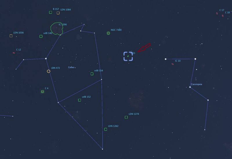 Sky map showing the location of the NGC 7635 and SH2-157 region