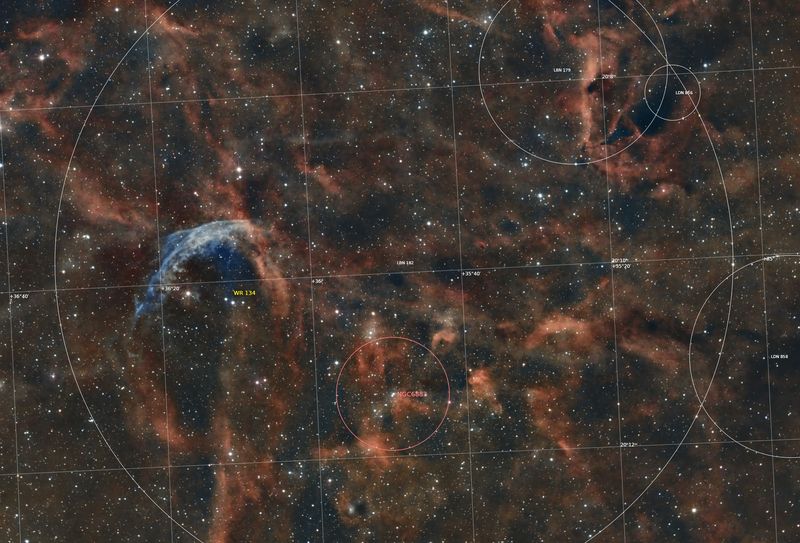Annotated image of the LBN 182 field in Cygnus