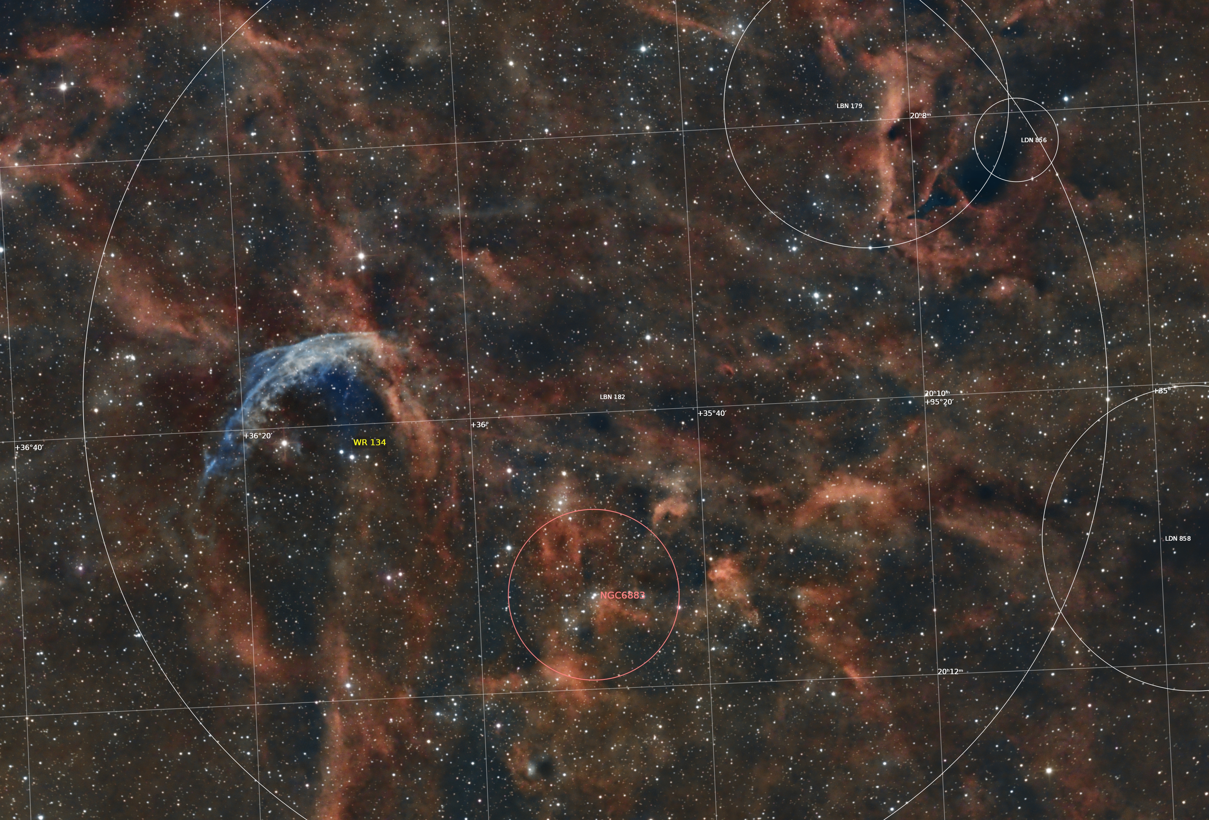Annotated image of the LBN 182 field in Cygnus